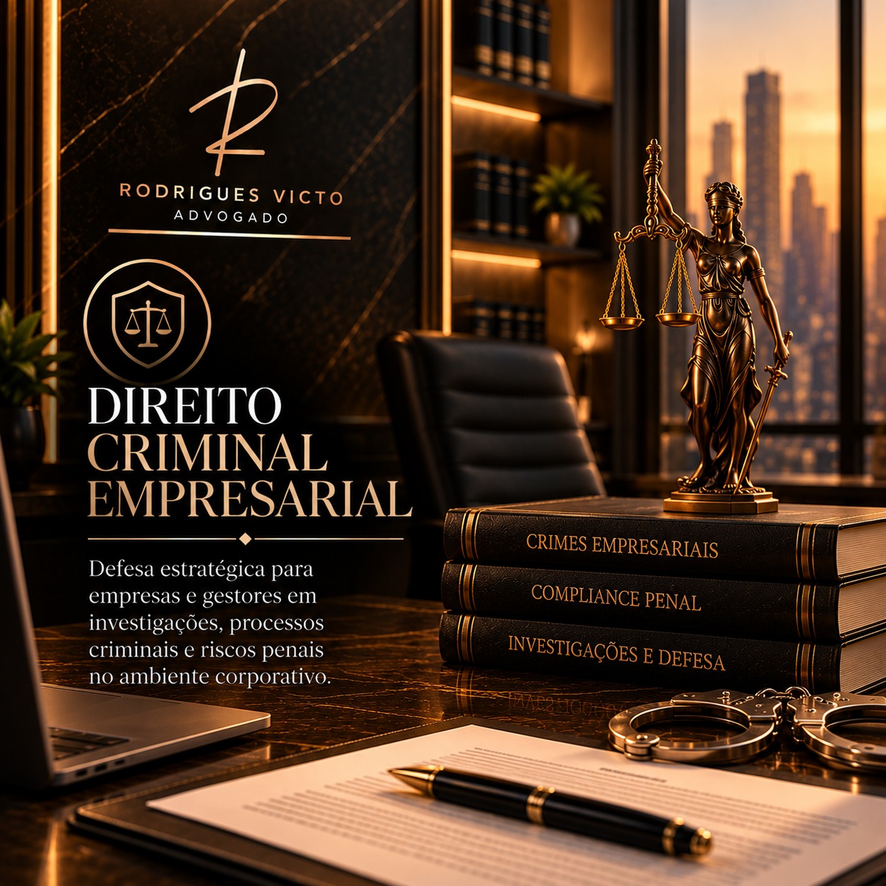 Direito Criminal Empresarial: estátua da Justiça, algemas e livros de Compliance Penal
