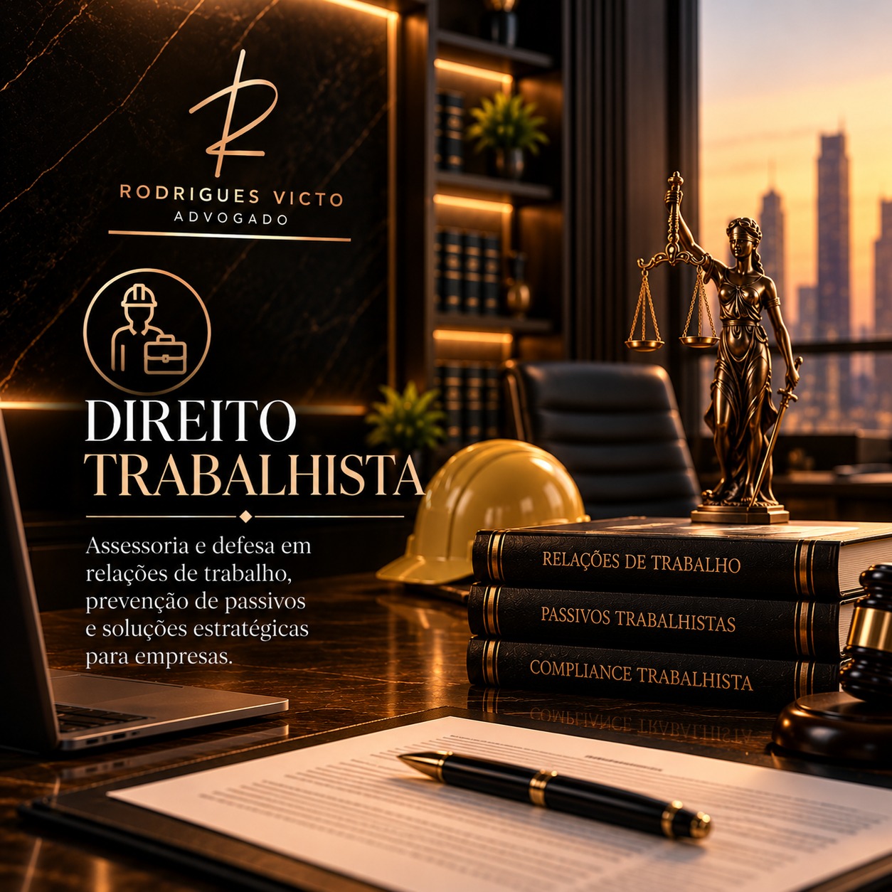 Direito Trabalhista: capacete de obra, martelo e livros de Relações de Trabalho